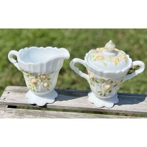 Vintage Fenton Creamer Sugar Bowl Rose Floral Embossed‎
